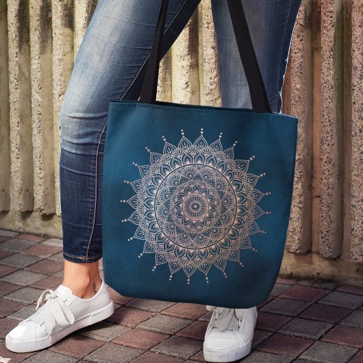 Elegant Roos Gold op Blauwgroen Floral Henna Manda Tote Bag
