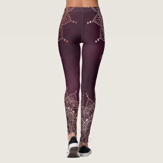 Elegant Roos Gold op Bourgogne Floral Henna Mandal Leggings (Achterkant)