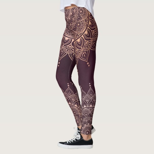 Elegant Roos Gold op Bourgogne Floral Henna Mandal Leggings (Links)