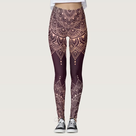 Elegant Roos Gold op Bourgogne Floral Henna Mandal Leggings (Voorkant)