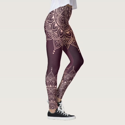 Elegant Roos Gold op Bourgogne Floral Henna Mandal Leggings (Rechts)