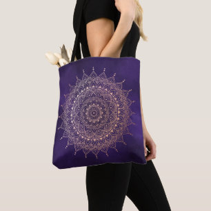 Elegant Roos Gold op Paarse Floral Henna Mandala Tote Bag