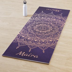 Elegant Roos Gold op Paarse Floral Henna Mandala Yogamat
