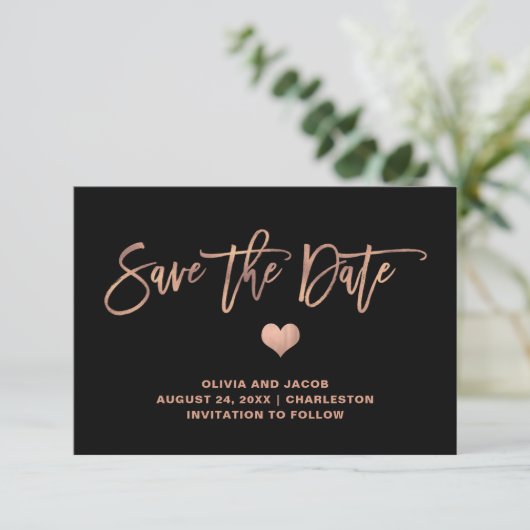 Elegant Roos Gold op zwart met hart Save The Date (Staand voorkant)