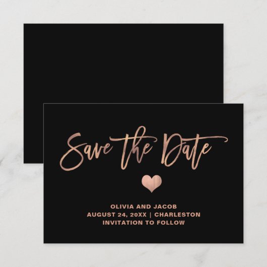 Elegant Roos Gold op zwart met hart Save The Date (Voorkant / Achterkant)