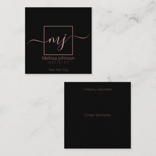 Elegant Roos Gold op zwart Vierkante Visitekaartje (Voorkant / Achterkant)