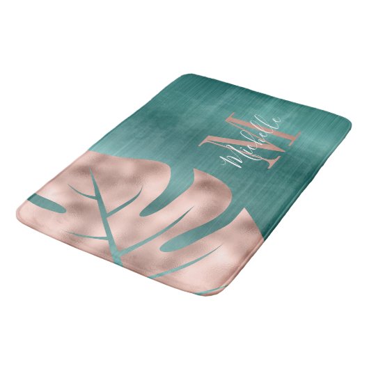 Elegant Roos Gold Palm Green Leaf Monogram Badmat (Gekanteld)
