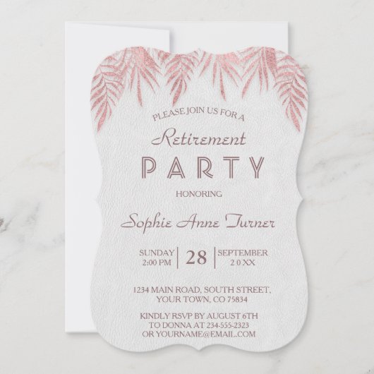 Elegant Roos Gold Palm Leaves Retirement Party Kaart (Voorkant)