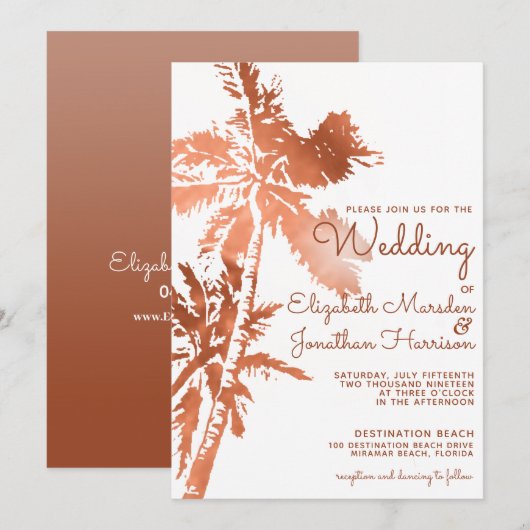 Elegant Roos Gold Palm Trees Tropical Wedding Kaart (Voorkant / Achterkant)