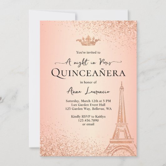 Elegant Roos Gold Paris Nachtthema Quinceanera Kaart (Voorkant)
