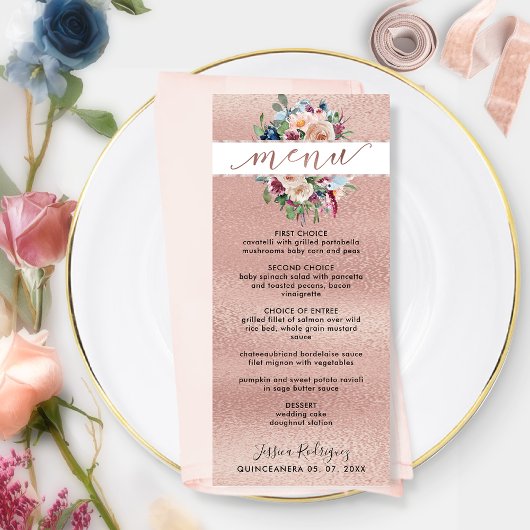 Elegant Roos Gold Pastel Floral Quinceañera Menu