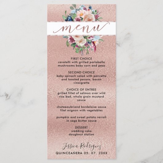 Elegant Roos Gold Pastel Floral Quinceañera Menu (Voorkant)