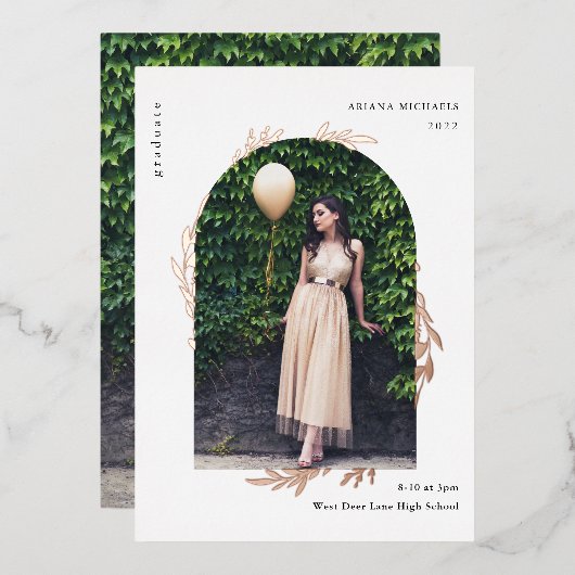 Elegant Roos Gold Photo Afstuderen Folie Uitnodiging (Voorkant / Achterkant)