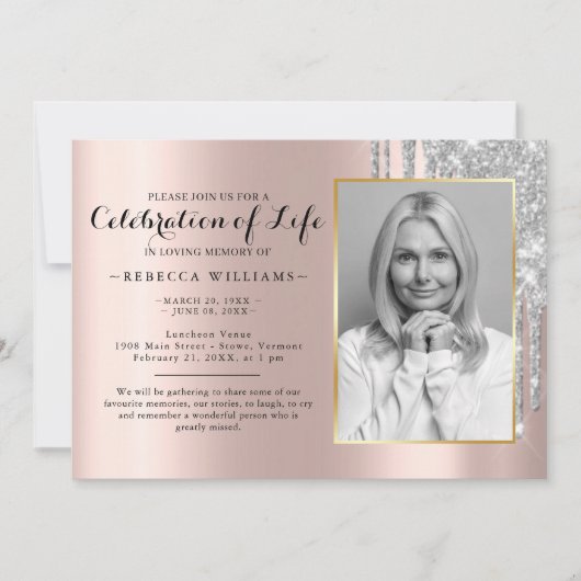 Elegant Roos Gold Photo Celebration of life Kaart (Voorkant)