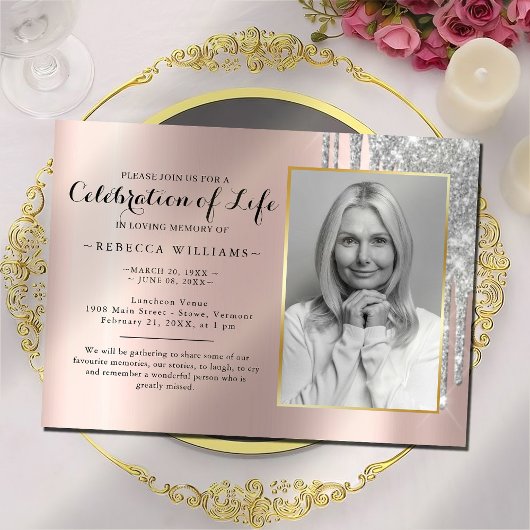 Elegant Roos Gold Photo Celebration of life Kaart