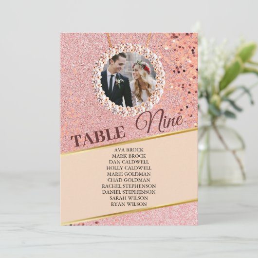 Elegant Roos Gold Photo Seating Chart Kaart (Staand voorkant)