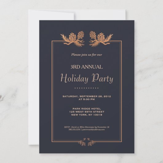Elegant Roos Gold Pine Cones on Navy Holiday Party Kaart (Voorkant)