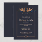 Elegant Roos Gold Pine Cones on Navy Holiday Party Kaart (Voorkant / Achterkant)