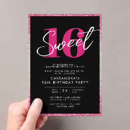Elegant Roos Gold Pink & Black Sweet 16 Verjaardag Acryl Uitnodigingen