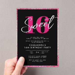 Elegant Roos Gold Pink & Black Sweet 16 Verjaardag Acryl Uitnodigingen