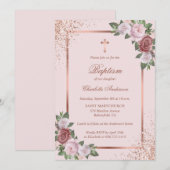 Elegant Roos Gold Pink Floral Girl Baptisme Kaart (Voorkant / Achterkant)