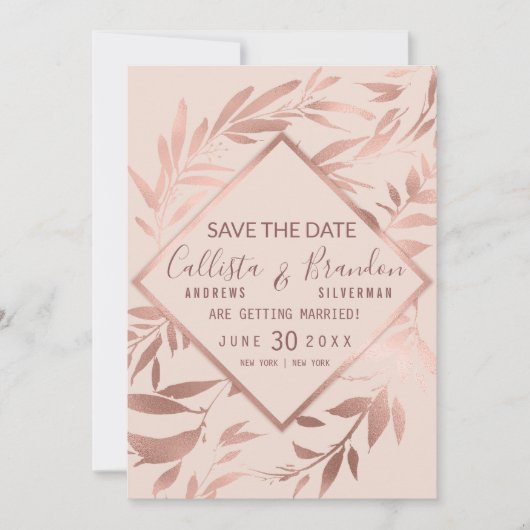 Elegant Roos Gold Pink Floral Leaves Save The Date (Voorkant)