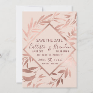 Elegant Roos Gold Pink Floral Leaves Save The Date