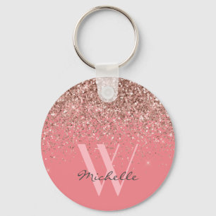 Elegant Roos Gold Pink Glitter Monogram Naam Sleutelhanger