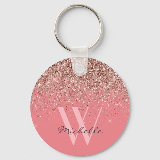 Elegant Roos Gold Pink Glitter Monogram Naam Sleutelhanger (Voorkant)