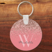 Elegant Roos Gold Pink Glitter Monogram Naam Sleutelhanger (Voorkant)