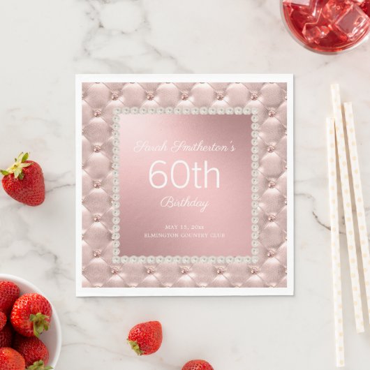 Elegant Roos Gold Pink Tufted Pearls 60th Birthday Servet (Insitu)