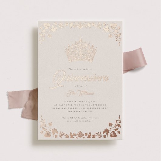 Elegant Roos Gold Quinceañera Crown Folie Uitnodiging