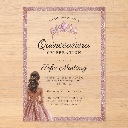 Elegant Roos Gold Quinceañera Princess tiara Acryl Uitnodigingen (Voorkant)