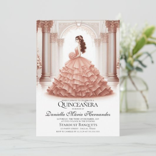 Elegant Roos Gold Quinceañera Uitnodiging (Staand voorkant)