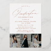 Elegant Roos Gold Script 3 Foto Graduparty Folie Uitnodiging (Voorkant)