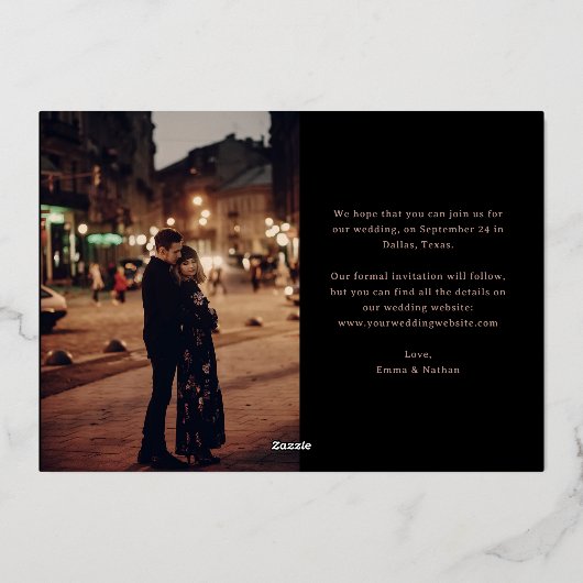 Elegant Roos Gold Script | Foto De datum opslaan Folie Uitnodiging (Achterkant)