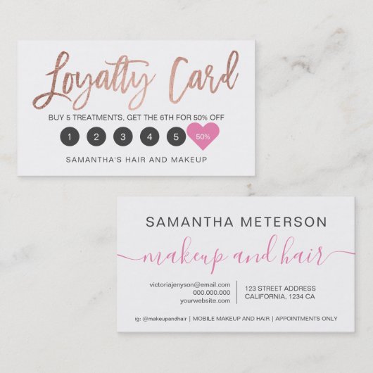 Elegant roos Gold script make-up haar roze hart Klantenkaartje (Voorkant / Achterkant)