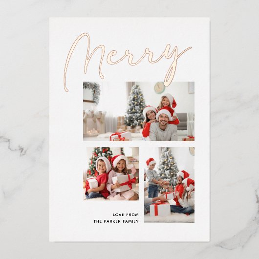 Elegant Roos Gold Script MERRY Modern Beige Photo Folie Feestdagenkaart (Voorkant)