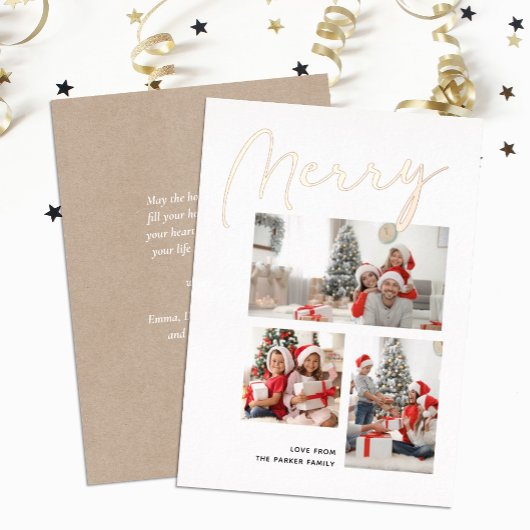 Elegant Roos Gold Script MERRY Modern Beige Photo Folie Feestdagenkaart