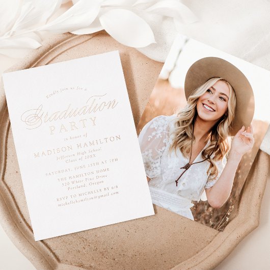 Elegant Roos Gold Script Photo Graduparty Folie Uitnodiging