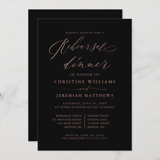 Elegant Roos Gold Script Wedding Rehearsal Dinner Kaart (Voorkant / Achterkant)