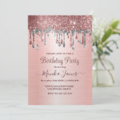 Elegant Roos Gold Silver Glitter Drips Verjaardag Kaart (Staand voorkant)