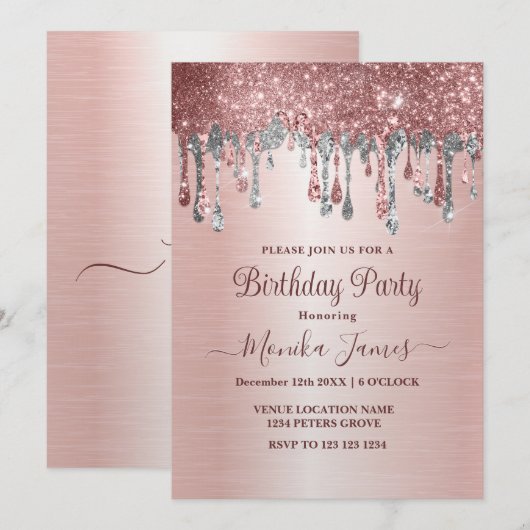 Elegant Roos Gold Silver Glitter Drips Verjaardag Kaart (Voorkant / Achterkant)