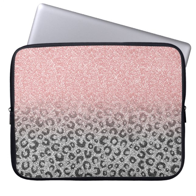 Elegant Roos Gold Silver Glitter Leopard Print Laptop Sleeve (Voorkant)