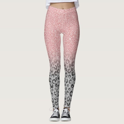 Elegant Roos Gold Silver Glitter Leopard Print Leggings (Voorkant)
