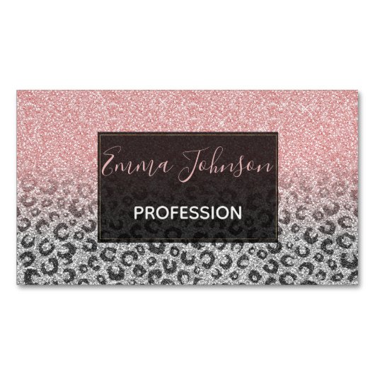 Elegant Roos Gold Silver Glitter Leopard Print Magnetisch Visitekaartje (Voorkant)