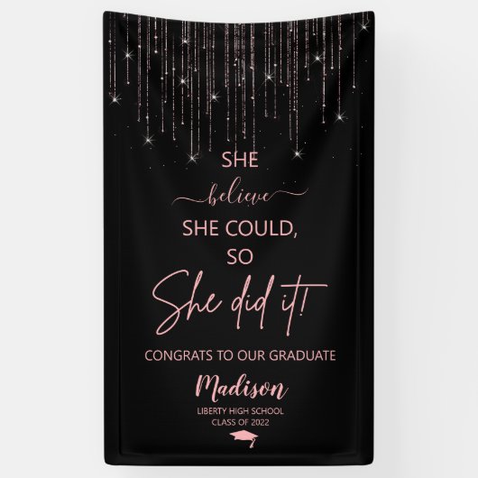 Elegant Roos Gold Sparking Glitter Afstuderen Spandoek (Verticaal)