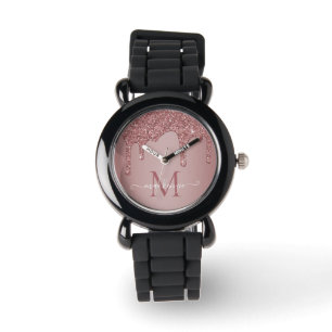 Elegant Roos Gold Sparkle Glitter Drift Monogram Horloge