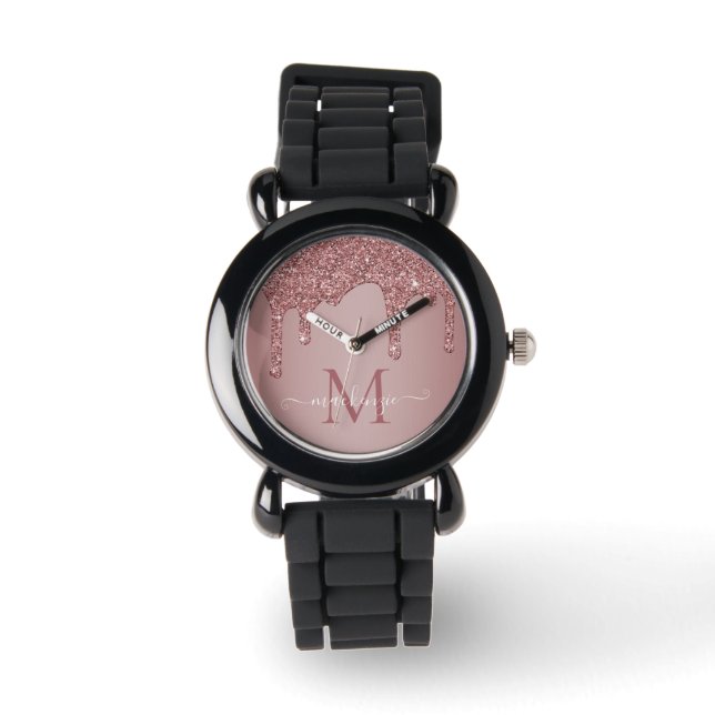 Elegant Roos Gold Sparkle Glitter Drift Monogram Horloge (Voorkant)