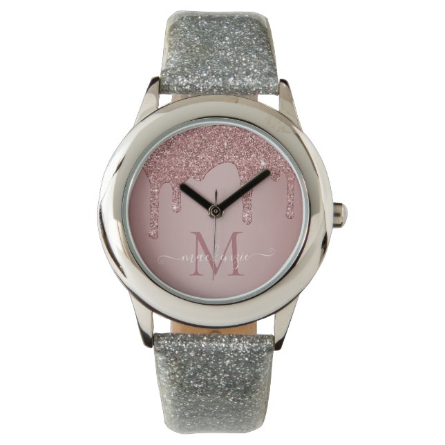 Elegant Roos Gold Sparkle Glitter Drift Monogram Horloge (Voorkant)